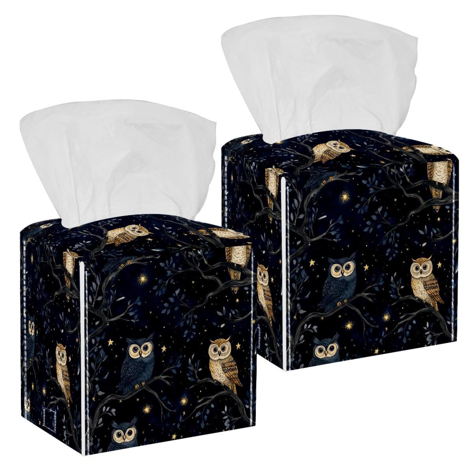 Owl Tissue Box Cover, 2 Pack PU Leather Square Facial Tissue Dispenser Box holder for Home Office Car
