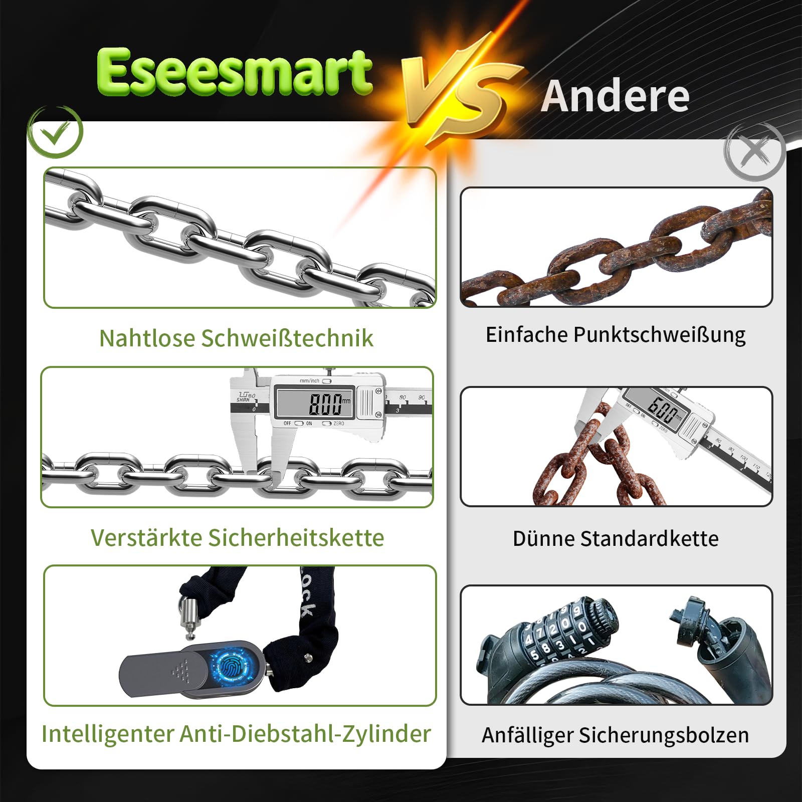 Eseesmart Lucchetto per bicicletta con impronte digitali con chiave, 8 mm, 1000 mm, lungo lucchetto a catena per bicicletta, alta sicurezza, anti-furto, impermeabile, per bicicletta e-scooter