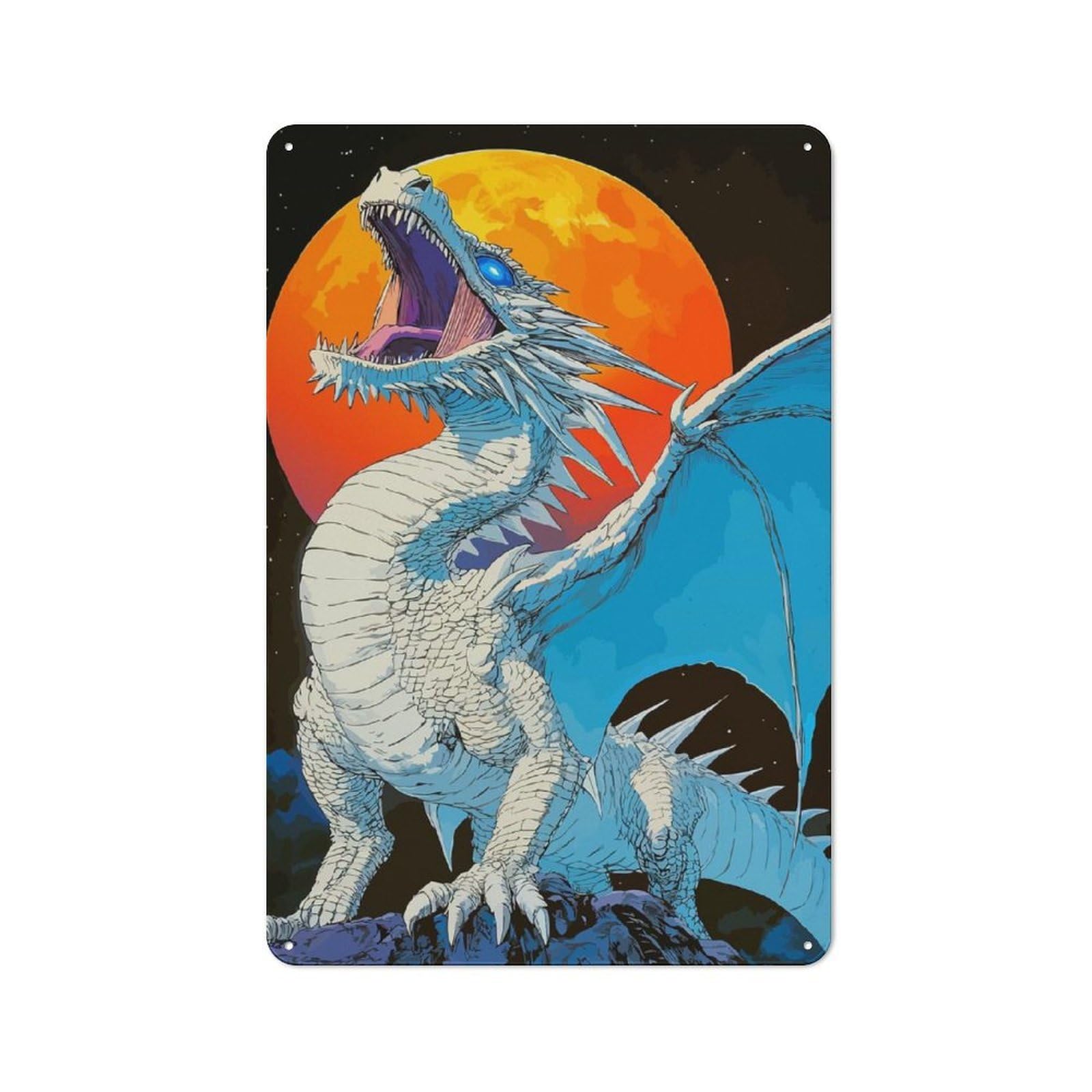 Junmoney White Dragon Roaring At The Moon Retro Tin Sign 30X20cm For Workshop Wall, For Home Interiors And Metal Sign Collectors