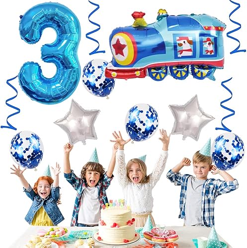 Miniatura 7 de Globos de tren de cumpleaños de tercer cumpleaños, decoración de tercer cumpleaños, globo gigante de papel de aluminio, globo de Mylar número 3 para
