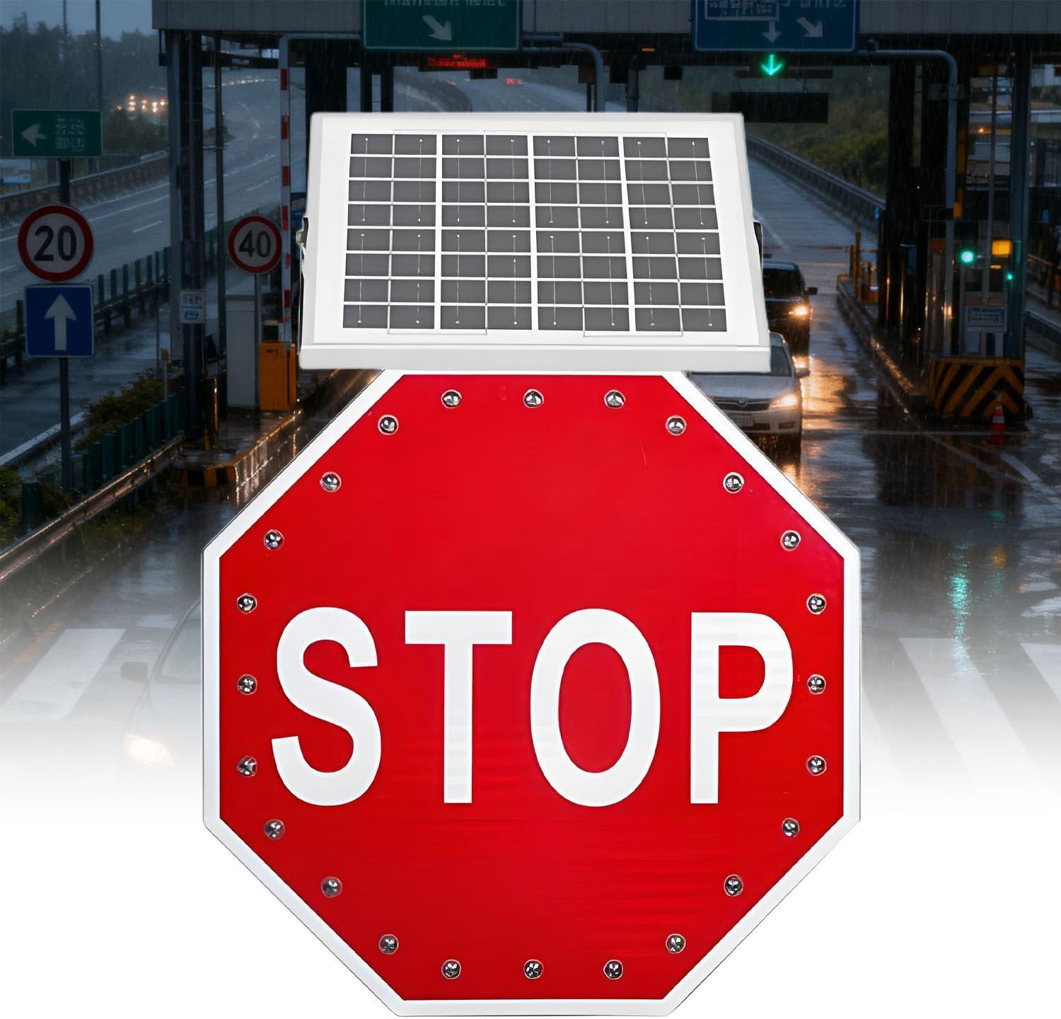 Solar Powered LED Blinking Traffic Stop Signs - 24in Reflective Warning Signs for Construction & Highway Safety - 2-Piece Set, Enhance Visibility & Traffic Control
