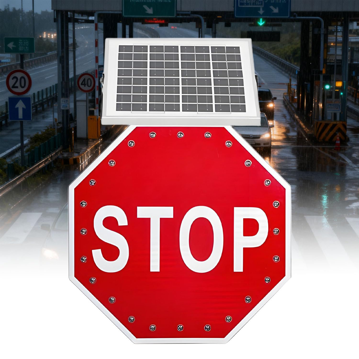 Señales de parada de tráfico LED con energía solar, señales de advertencia reflectantes de 24 pulgadas para construcción y seguridad en carretera, juego de 2 piezas, mejora la visibilidad y el control