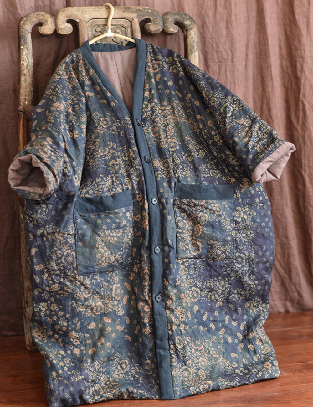 NFYM Giacche lunghe da donna Capispalla invernale al ginocchio stampato vintage patchwork allentato trapuntato giacche leggere