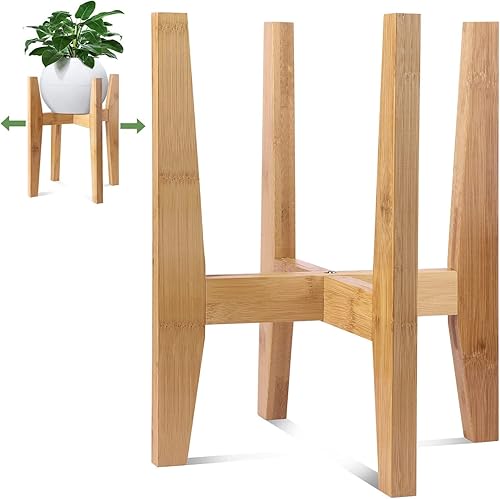 Sinvanho Soporte para plantas para interiores, estante de bambú ajustable, soporte de flores de esquina de madera de mediados de siglo, estante de