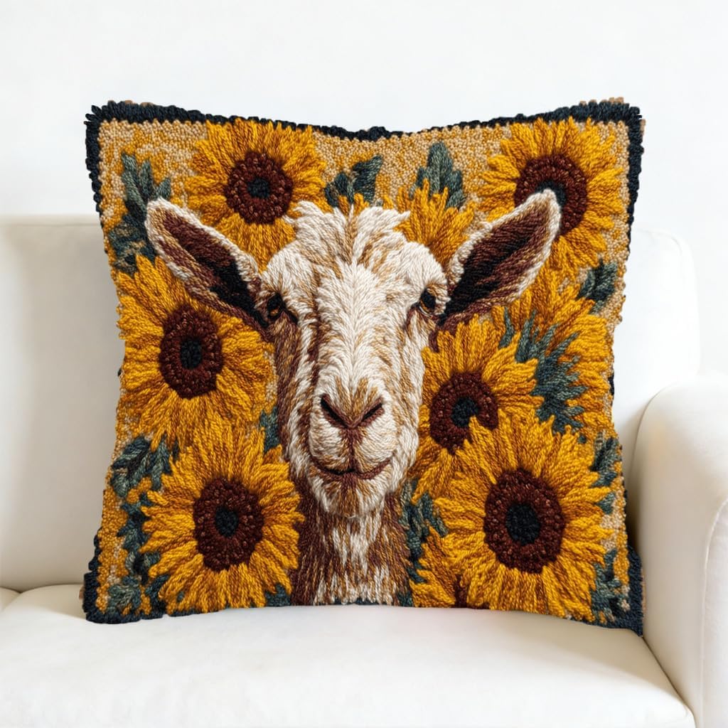 DIY Latch Hook Pillow Kit Goat and Sunflowers 43x43cm-2