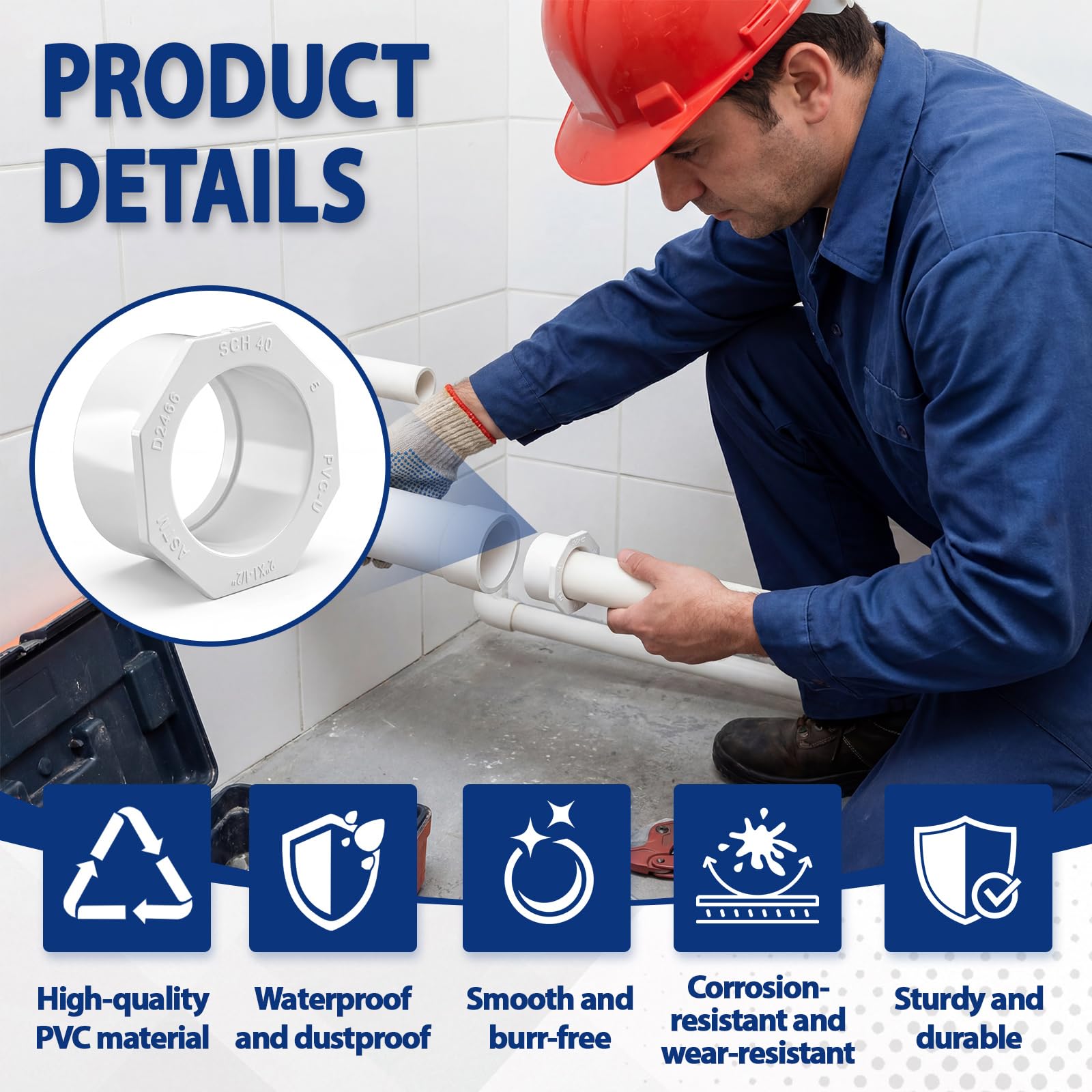 10 bujes reductores de PVC de 2 x 1-1/2 pulgadas para conexión de fontanería (espiga x enchufe) Sch 40 presión de PVC duradero para uso doméstico o industrial