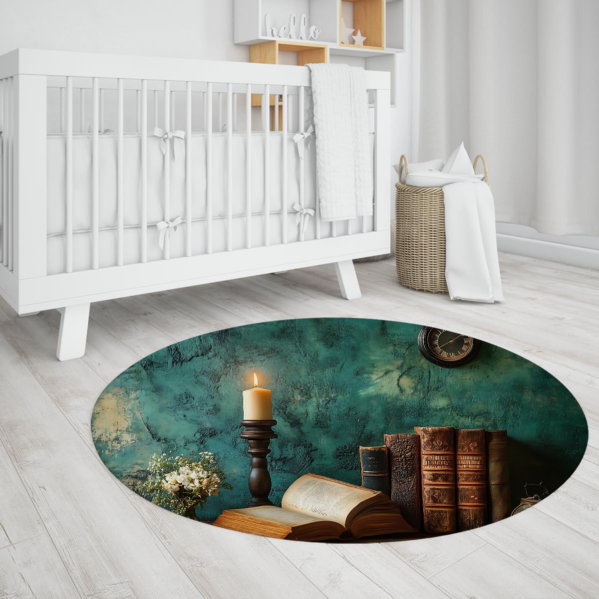 Alfombras redondas vintage biblioteca 100cm Libros viejos vela reloj pared verde texturizada alfombrilla lavable antidesl pelo bajo fina resist manchas para Oficina estudio