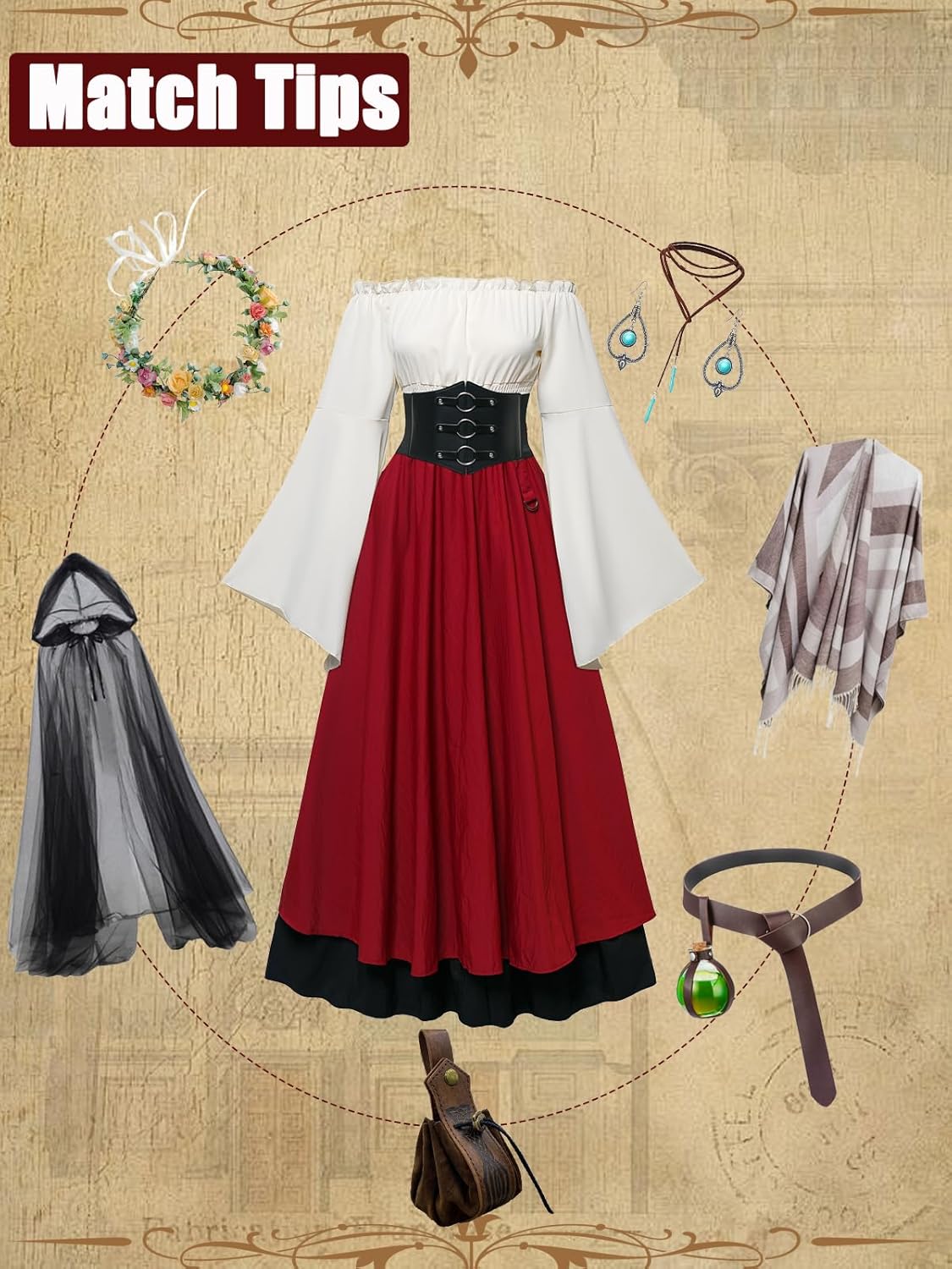 Renaissance Costume Women Ren Faire Medieval Dress for Women with Corset Fairy Costume - Image 4