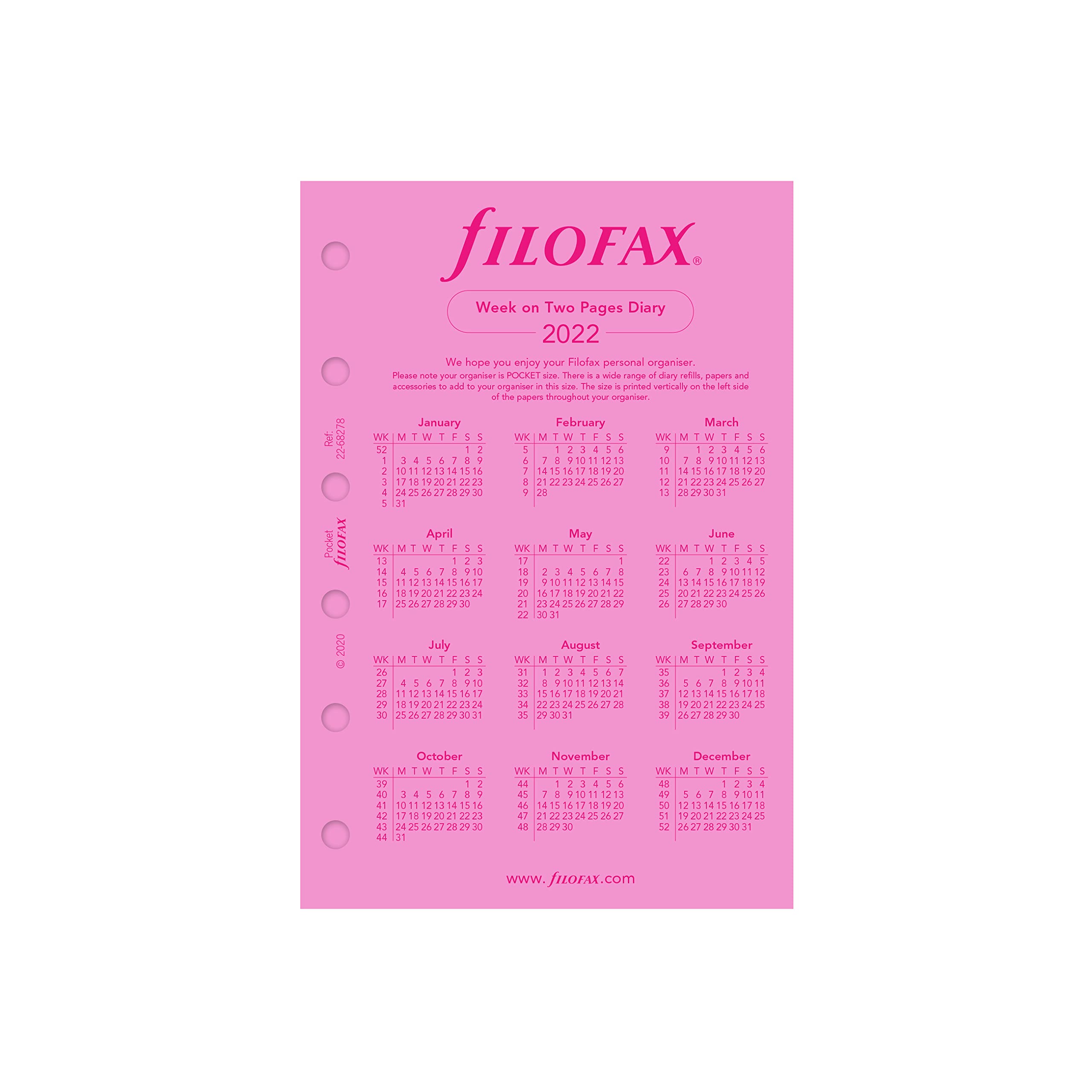 Filofax - Ricarica tascabile, visualizzazione settimanale, carta rosa, senza righe, inglese, 2022 (C68278-22)