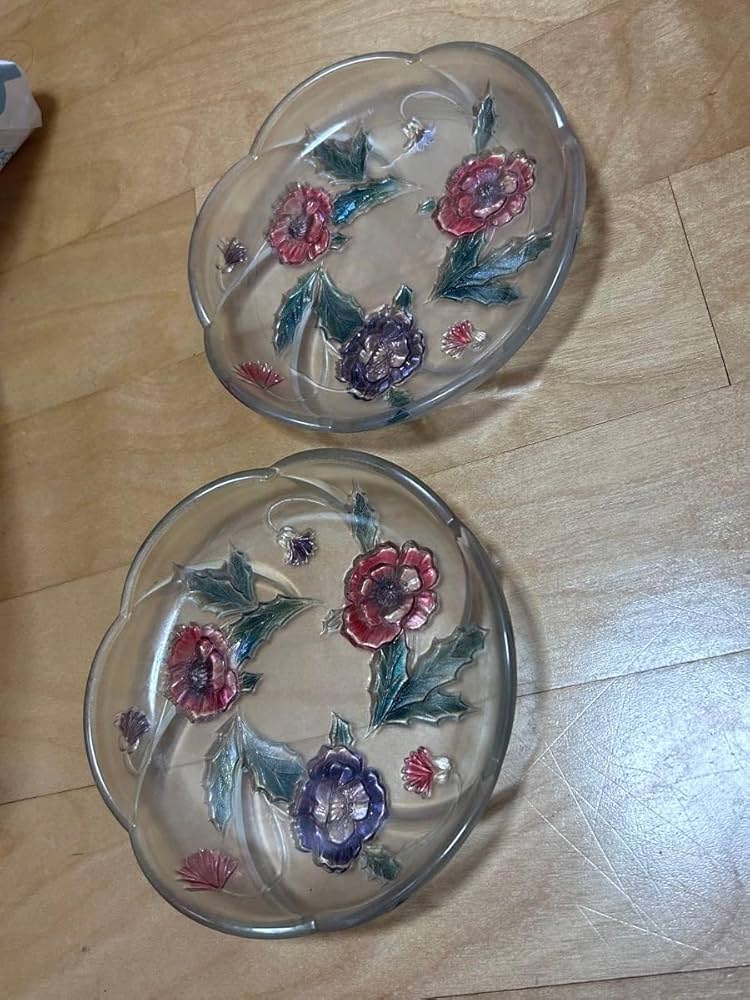 ガラス製の花模様皿 佐々木翔子 青い花模様のガラス皿2枚