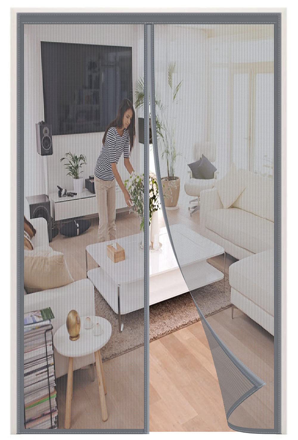 Bbmmcll Gray Magnetic Fly Screen Door,85X210cm (33.46X82.67in) Polyester Anti Mosquito Mesh Insect Protection Top-To-Bottom Seal Snaps Shuts Automatically，Keep Insects Out,Easy To Install