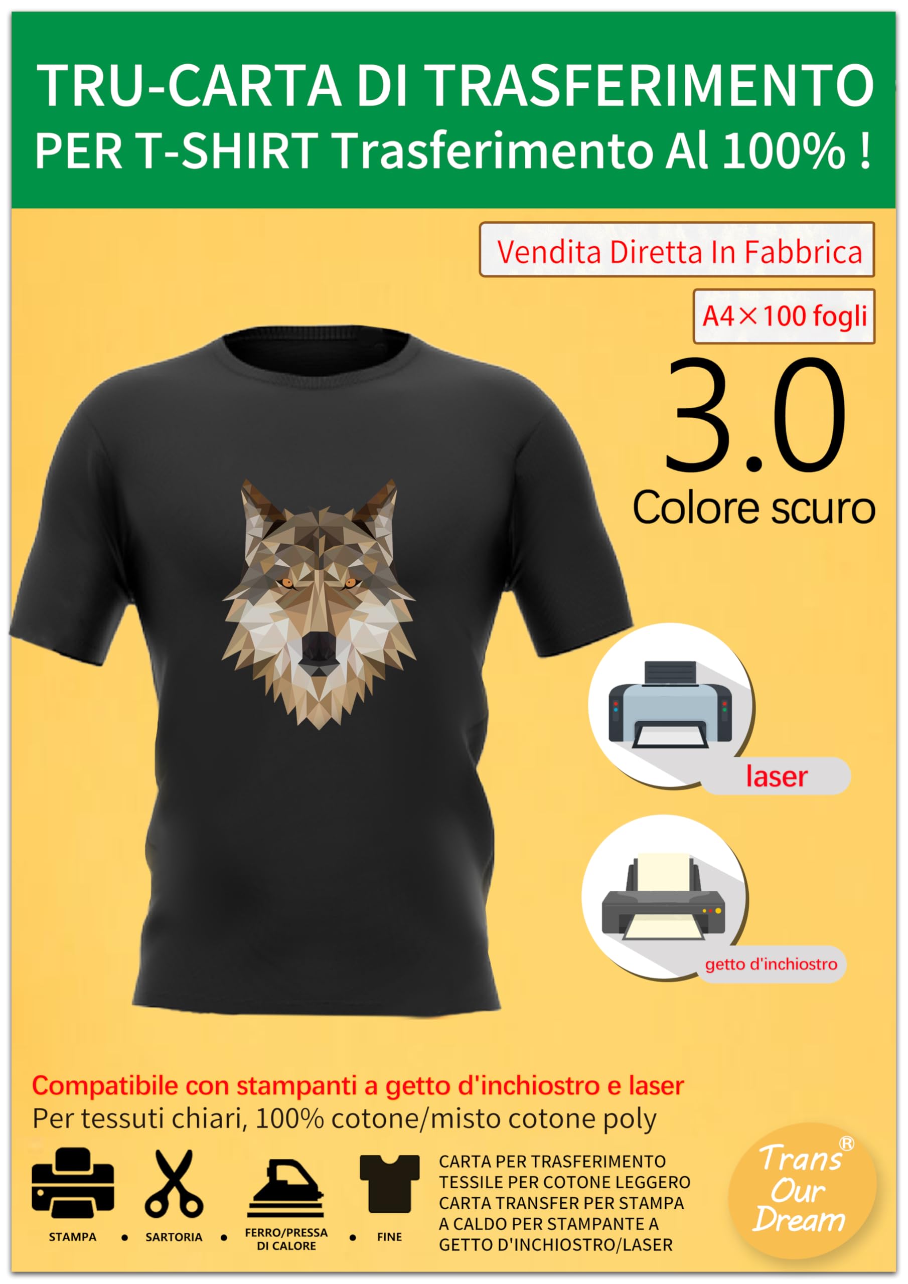 TransOurDream A4X100, Carta per trasferimento in Tessuto per Cotone Leggero, stampanti a Getto d'inchiostro e Laser, Carta per trasferimento in Tessuto, Colore: Scuro