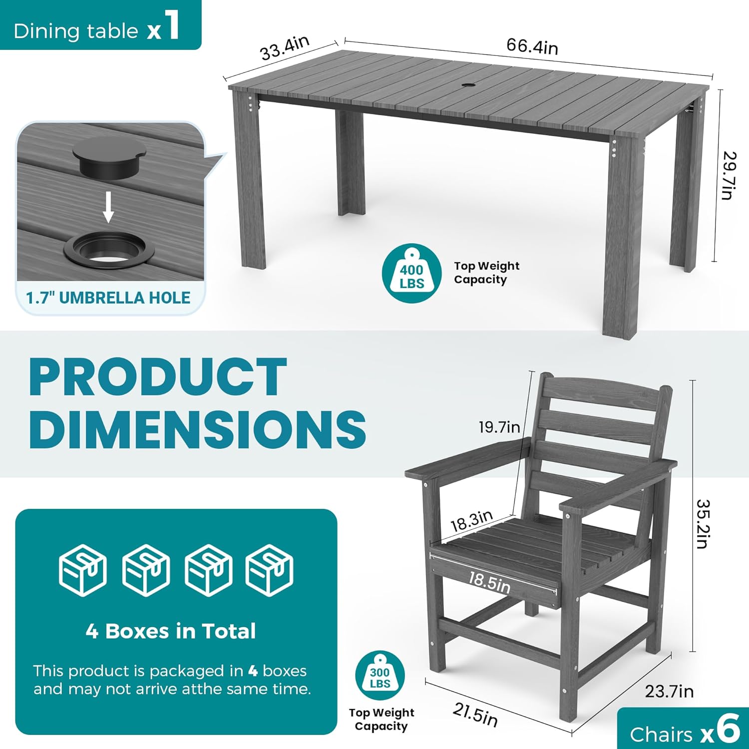 Outdoor HDPE Dining Table Set, 7-Piece Outdoor Dining Table Sets, Wood Grain Patio Furniture Sets with Umbrella Hole for Porch, Backyard, Gray