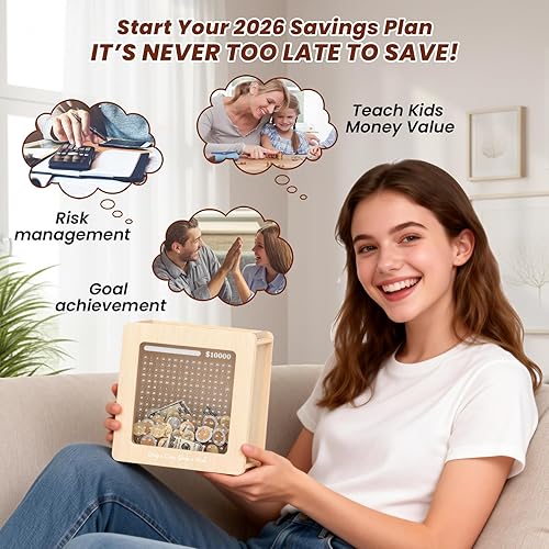 Miniatura 5 de Summidate Caja de ahorro de dinero de madera, caja de ahorro de ventana transparente -10000 desafío con calcomanías de rastreador, alcancía