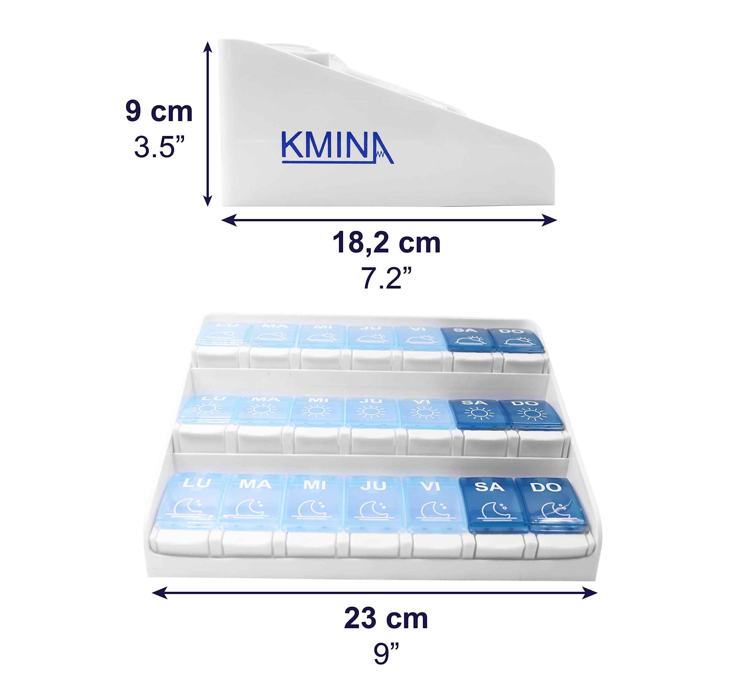 KMINA Pastillero Semanal 3 Tomas Español, Grande, Organizador de Medicamentos, Patentado - Fabricado en España