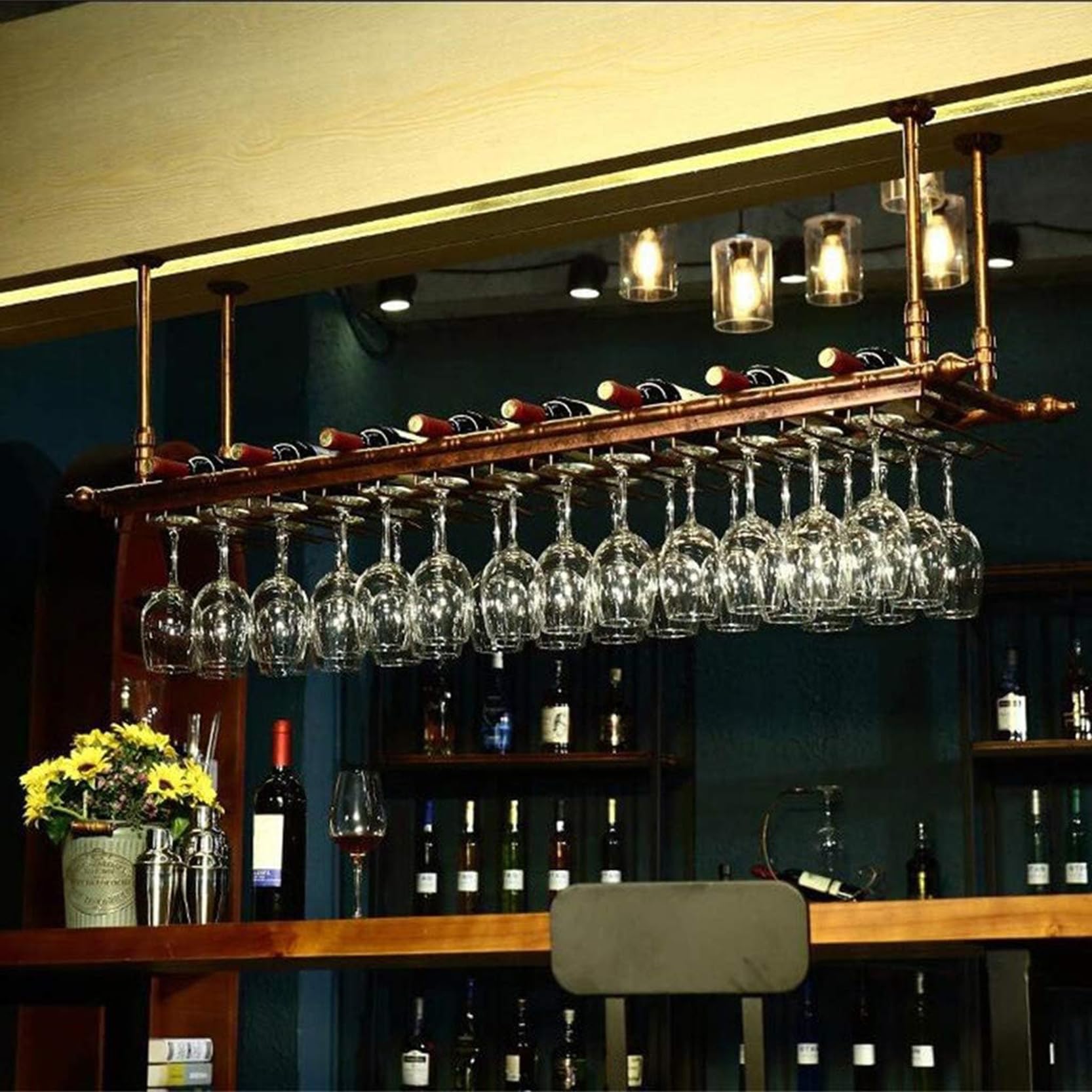 Casier à vin suspendu gain de place avec porte-verre de plafond cuivre 120x30