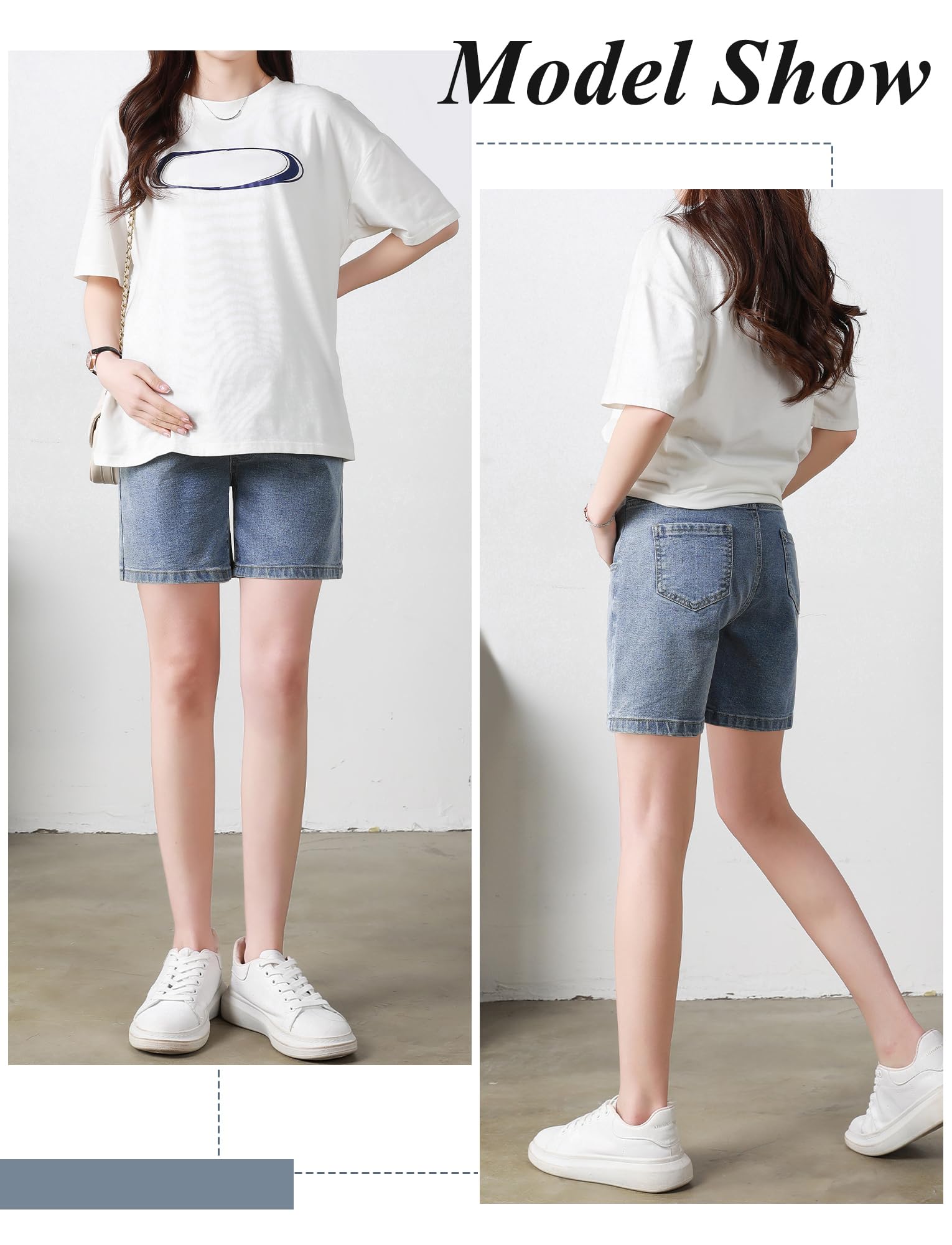 FEOYA Premaman Estiv Pantaloncini Classici a Gamba Dritta Jeans di maternità alla Moda Denim Shorts di maternità con Vita Elasticizzata S-4XL