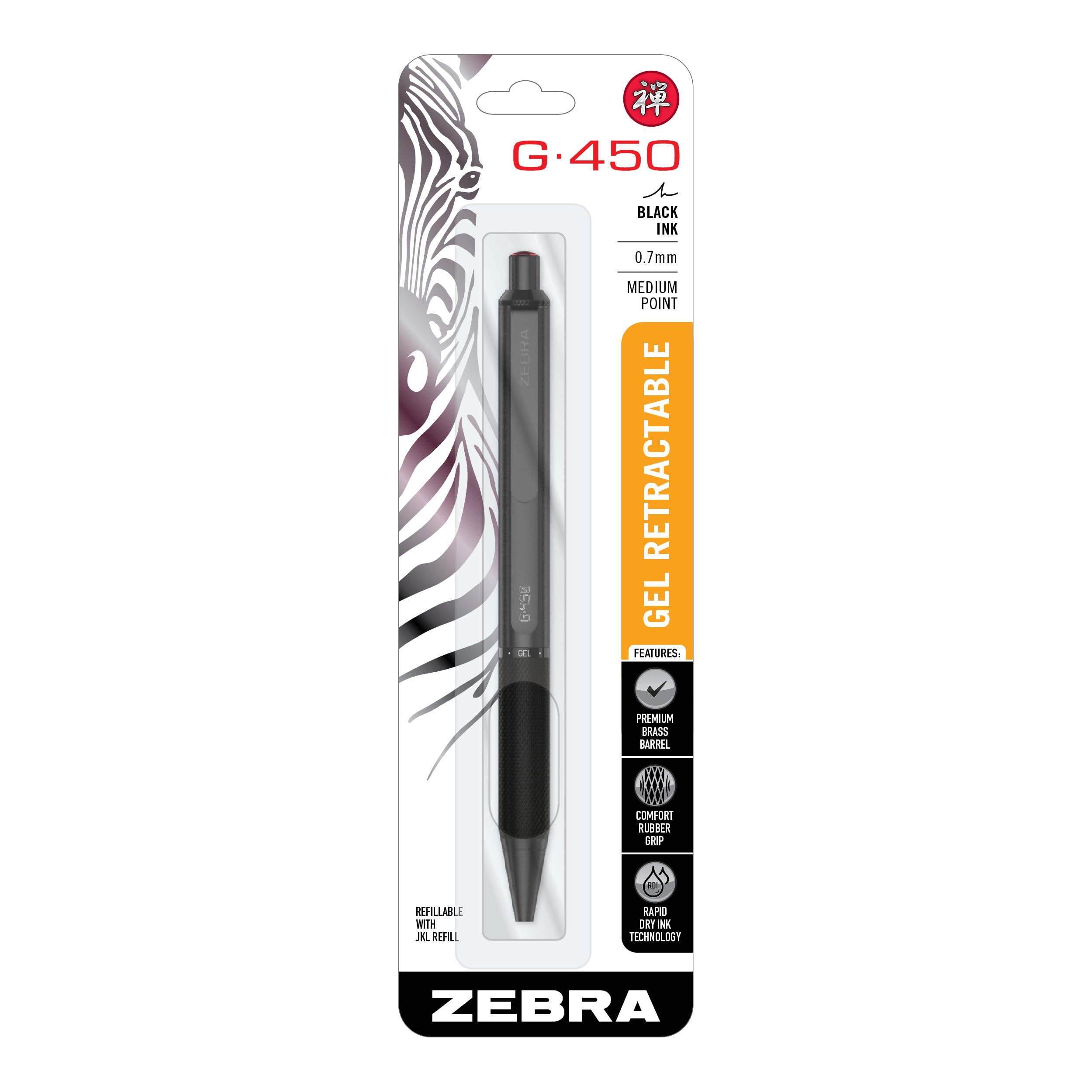 Zebra Pen G-450 Retractable Gel Pen, Black Brass Barrel, Medium Point, 0.7mm, Black Ink (49511)