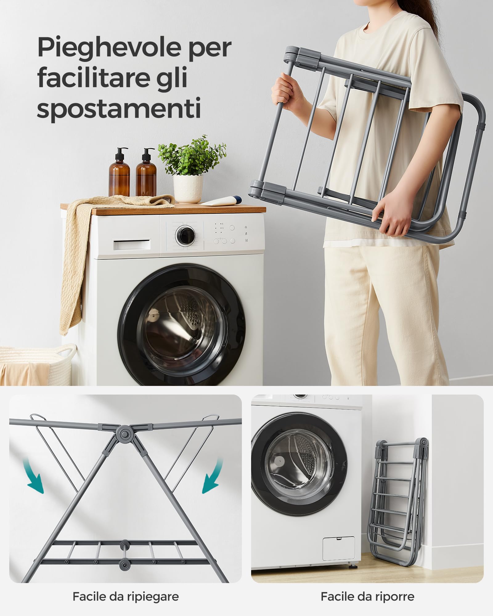 SONGMICS Stendibiancheria piccolo pieghevole a 2 ali salvaspazio metallo per piccoli indumenti, asciugamani, bagno, balcone, 44 x 101 x 54 cm, grigio tortora LLR504G01