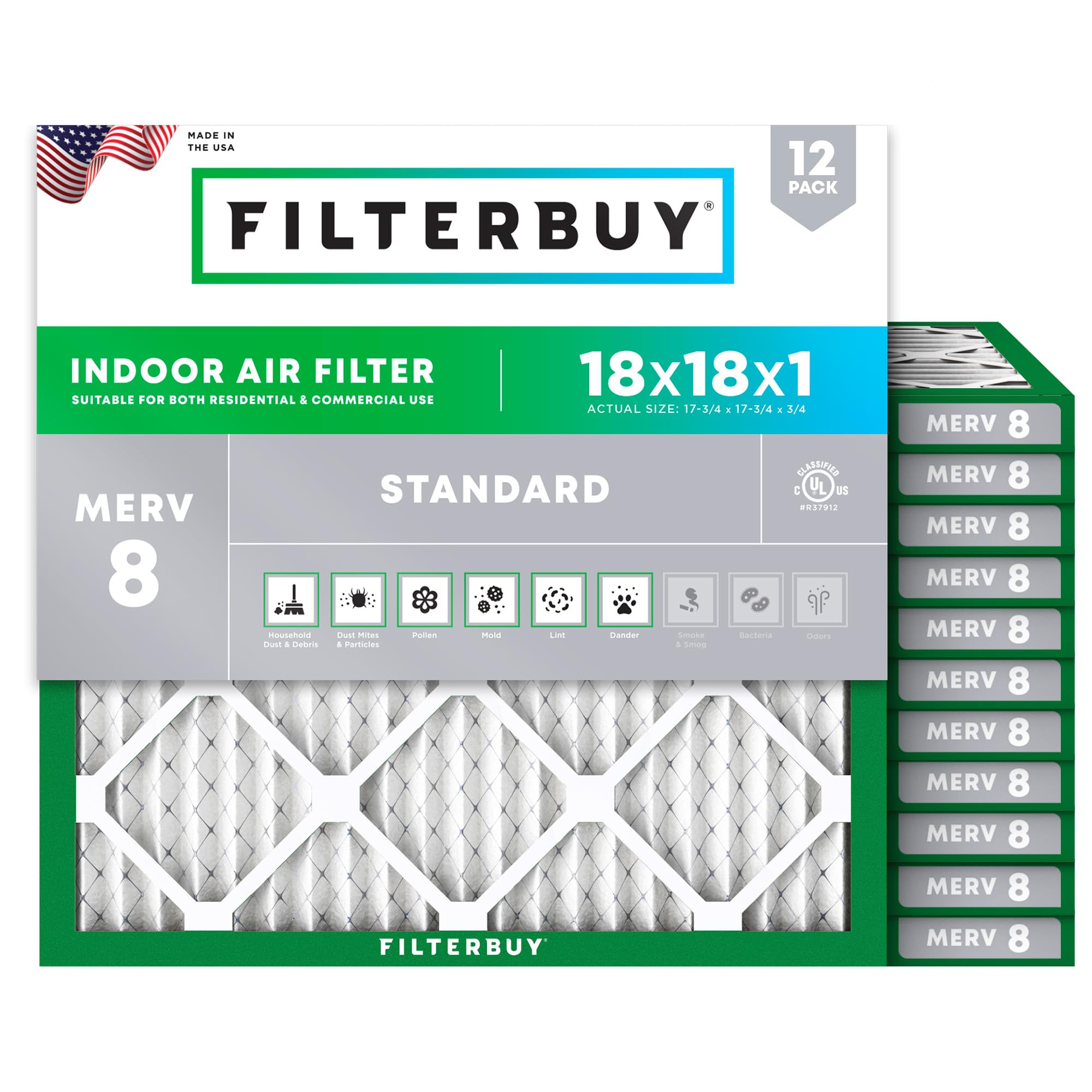 Filterbuy 18x18x1 Air Filter MERV 8 Dust & Allergy Defense (12-Pack) | Electrostatic Pleated HVAC AC Furnace Filters Replacement, Made in USA (Actual Size: 17.75 x 17.75 x 0.75)