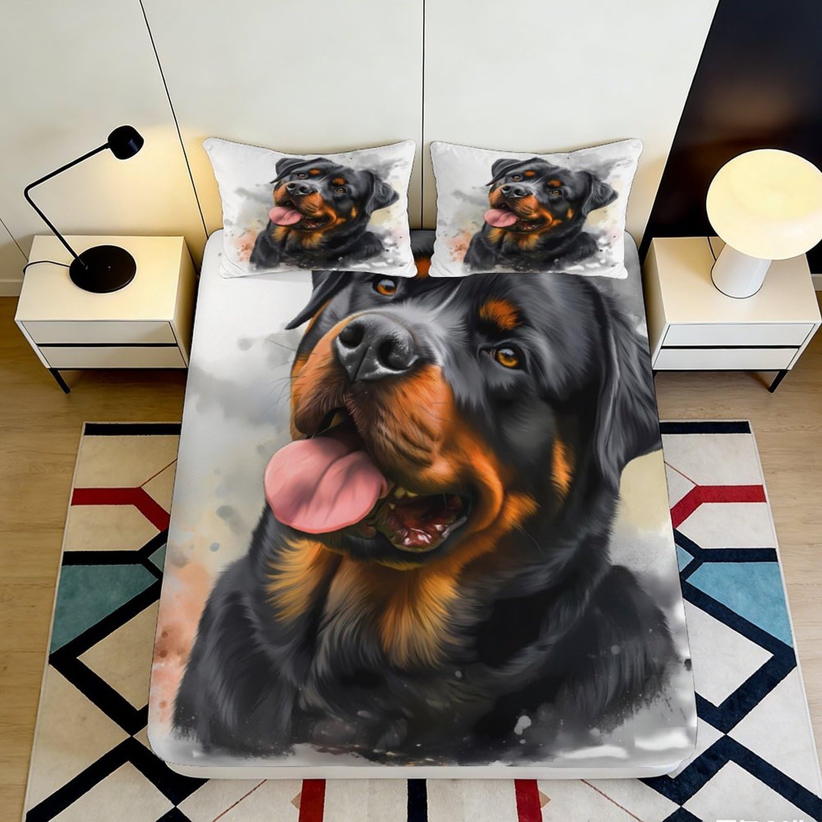 3D Printed Rottweiler Dog Fitted Sheet Microfiber Soft Breathable Animal Portrait Bed Cover for Bedroom Guest Room 90x200x25cm