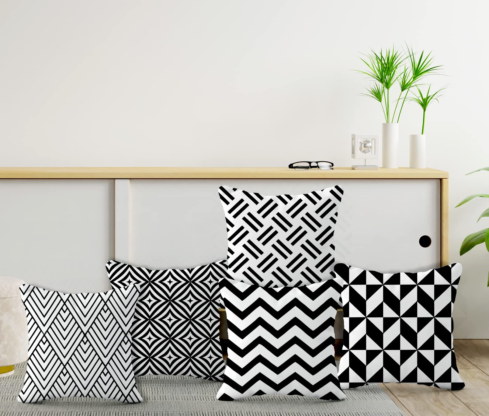 Set of 5 Designer Decorative Throw Pillow/Cushion Covers (16 inch x 16 inch, Black Geometric Print)