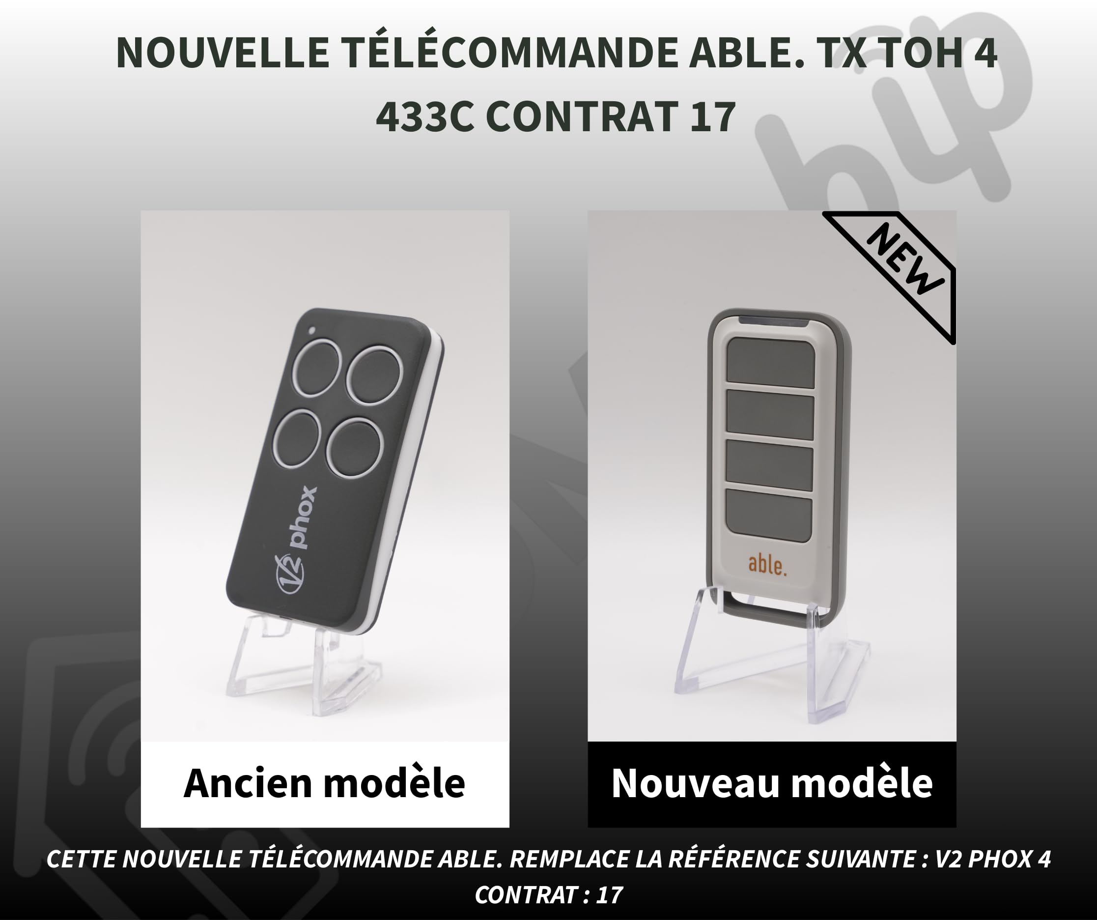 V2 PHOX 4 (C.17) devient ABLE TX TOH 4 433C Contrat 017 - Télécommande Officielle pour Portail et Garage - 4 canaux - 433,92 MHz Rolling Code + 1 Goodies DOMOBIP