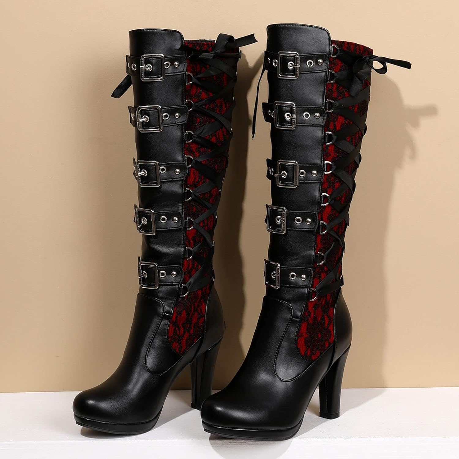 Lace Punk Knee High Boots for Women Back Zipper High-Heeled Combat Boots Buckle Block Heel Lace-up Black Goth Boots - Image 2