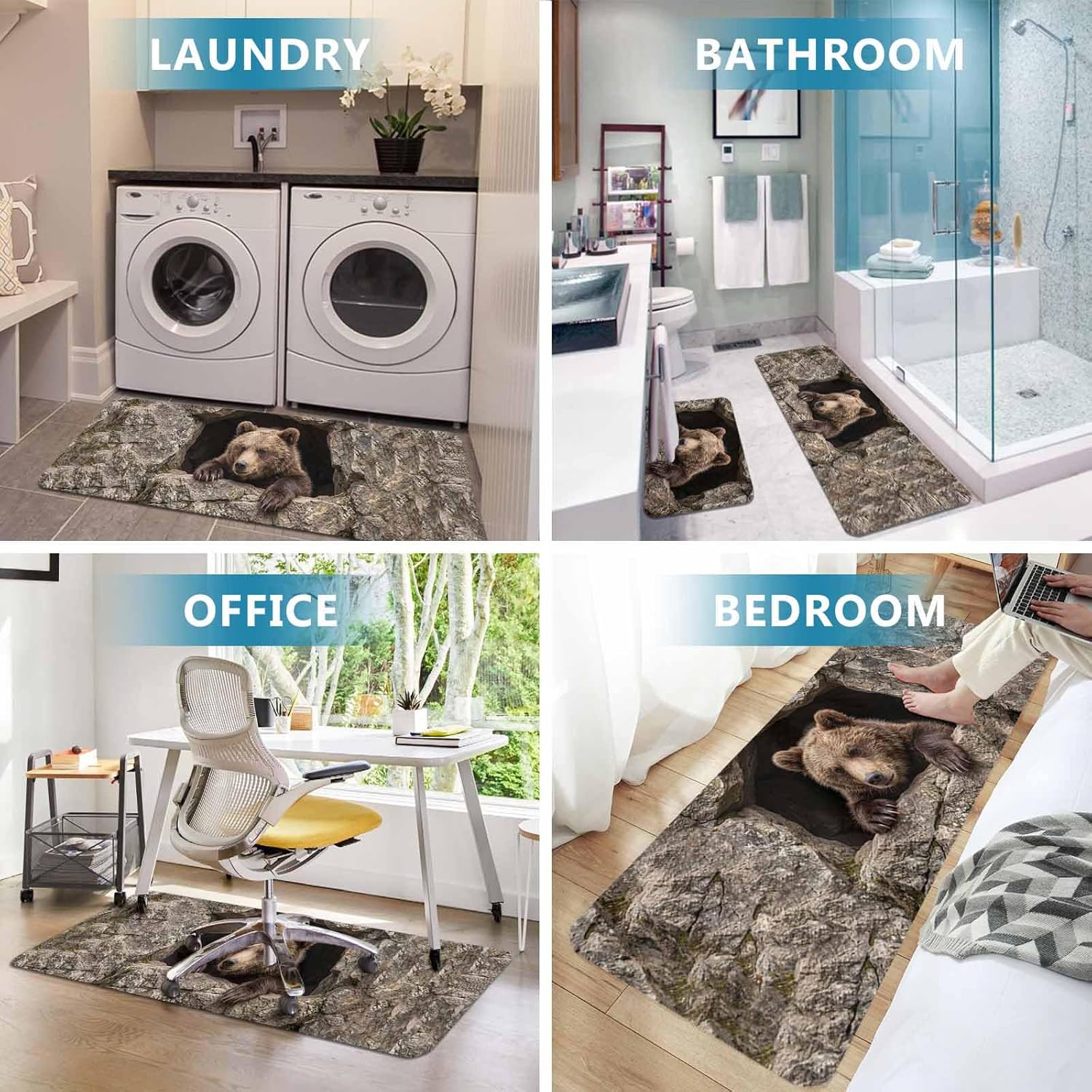 Prime Leader Bear Kitchen Mat Set 2 Pieces Country Rustic Natural Forest Rock Cave Wild Animal Non Slip Kitchen Rugs Washable Runner Rug Mats for Floor Sink Laundry Office 19.7" x 31.5"+19.7" x 63"