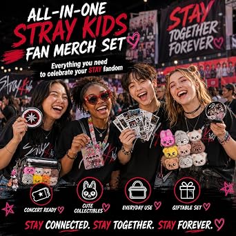 Stray Kids Merch Gifts Set Including Kpop Display Bag, 8x Stray Kids Stickers, 8 Skzoo Plush, Skzoo Keychain, 2x Button Pins Badges, Collapsible Reflector Fan, Lanyard ID Holder, Phone Grip for Stay