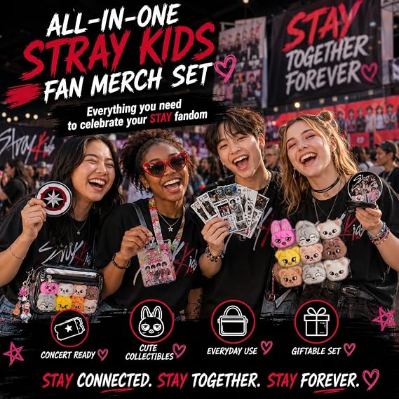 Stray Kids Merch Gifts Set Including Kpop Display Bag, 8x Stray Kids Stickers, 8 Skzoo Plush, Skzoo Keychain, 2x Button Pins Badges, Collapsible Reflector Fan, Lanyard ID Holder, Phone Grip for Stay