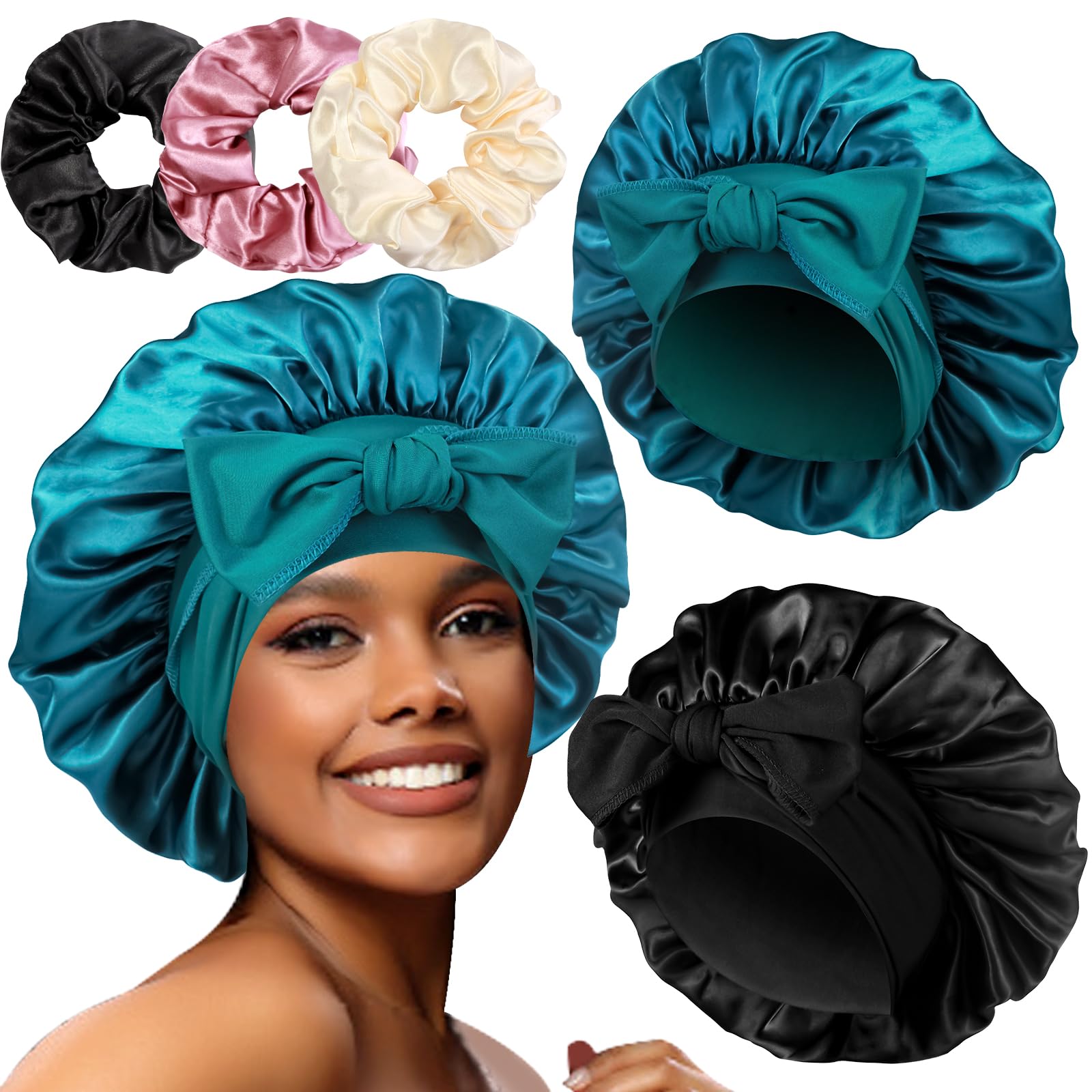 2+3 Large Satin Bonnets with Scrunchies for Women, Hair Bonnet Sleeping Tie Bonnet for Braids Curly Hair