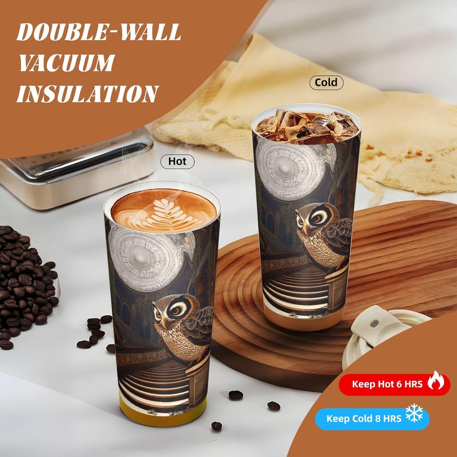 Unique Customized Coffee Mug - Insulated Stainless Steel Tumbler for Travel, Home & Office - 17 oz Portrait of an Owl Red