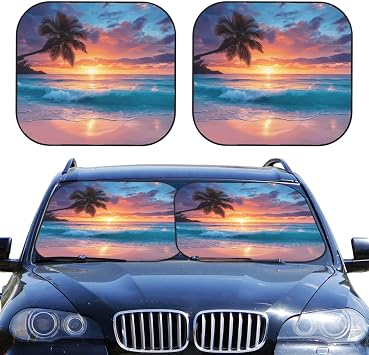 KiuLoam Ocean Sunrise Tropical Palm Tree Car Windshield Sun Shade Auto Foldable 2pcs Window Sunshades for Most Windshield Fodable Sun Visor Protector Car Front Window Protective, Large
