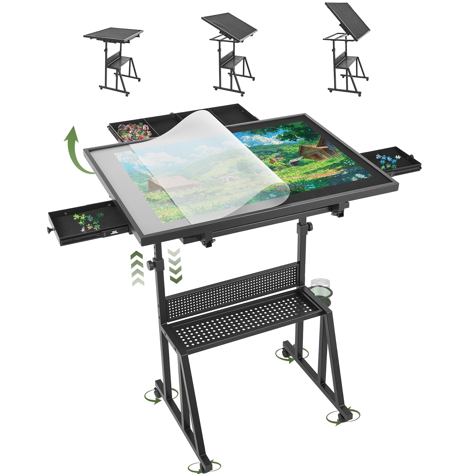 ANGELBECKE 1500 Pieces Jigsaw Puzzle Table for Adults, 13-Tilting-Angle & Height Adjustable Table with Legs and Wheels, Metal Puzzle Table with 6 Felt