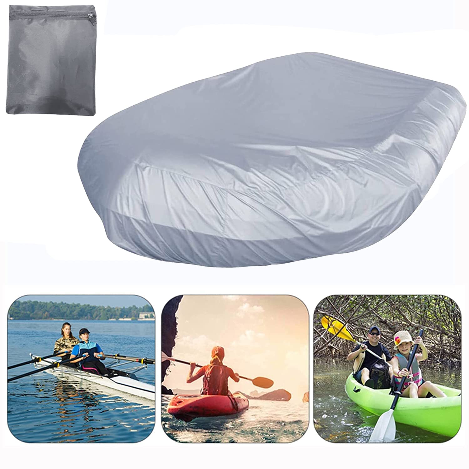 COOSOO Inflatable Boat Cover,Waterproof Anti-UV Cover Dustproof Rubber Boat Kayak Protective Cover Heavy Duty Oxford Fabric Trailerable Dinghy Fishing Kayak Storage Cover Fit 10-11ft,Grey