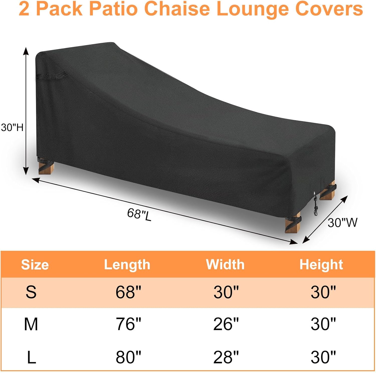 2 Pack Waterproof Chaise Lounge Covers Outdoor, 600 D Durable Patio Chair Covers for Outside Heavy Duty - 68L x 30W x 30H Inch, Black