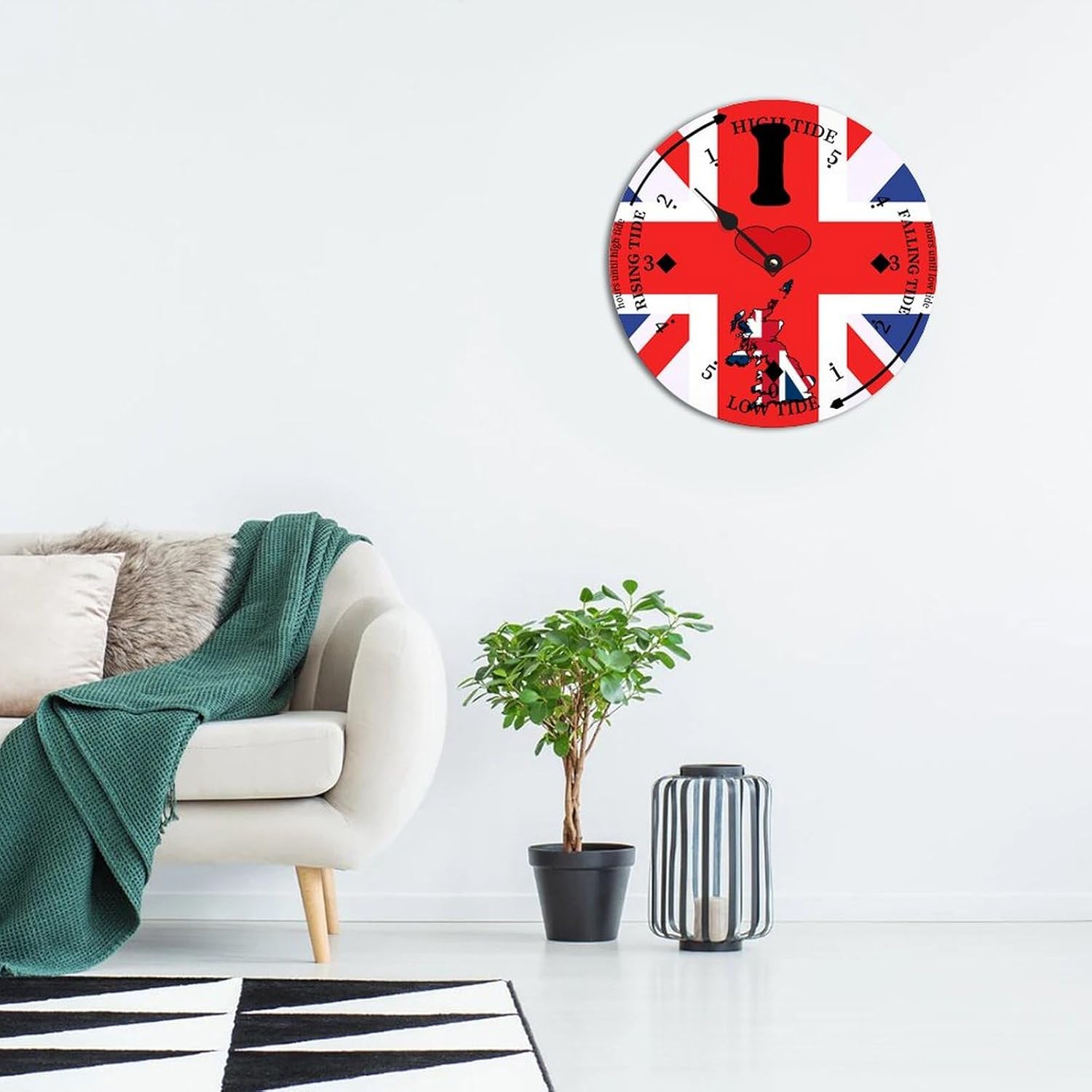 Rustic Wood Tide Clock United Kingdom Flags Ocean Time Wooden Clock Wood Moon Tidal Clock for Wall High and Low Tide Movement Clock for Seaside House Cottage Hotel Camping 15x15 in