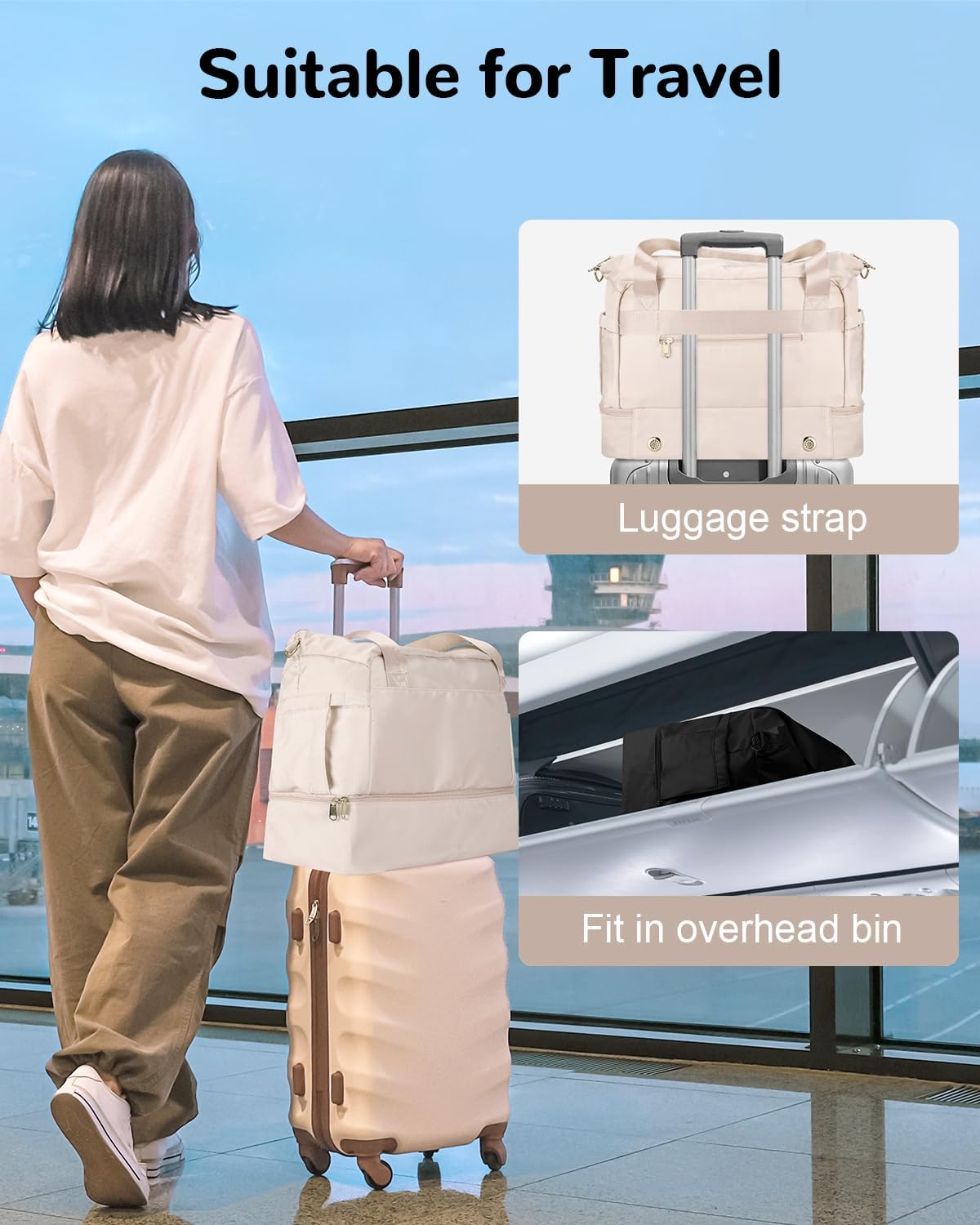 32L Travel Carry On Duffel Bag with Toiletry Bag for Women, Large Weekender Bag with Shoe Pocket, White - Image 5