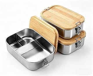 STARVAST 2 Stück Lunchbox für Erwachsene Kinder, Edelstahl Brotdose mit Fächern Holzdeckel,BPA-frei Lunch-Boxen für Schule Ausflüge (800ML,3 Fächern)