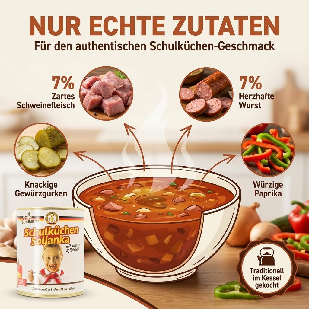 Schulküche Soljanka mit Fleisch & Wurst – 12x 800g Vorratspack | Herzhaft-säuerliche Suppe nach Original-DDR-Rezept – im Kessel gekocht, ohne Geschmacksverstärker