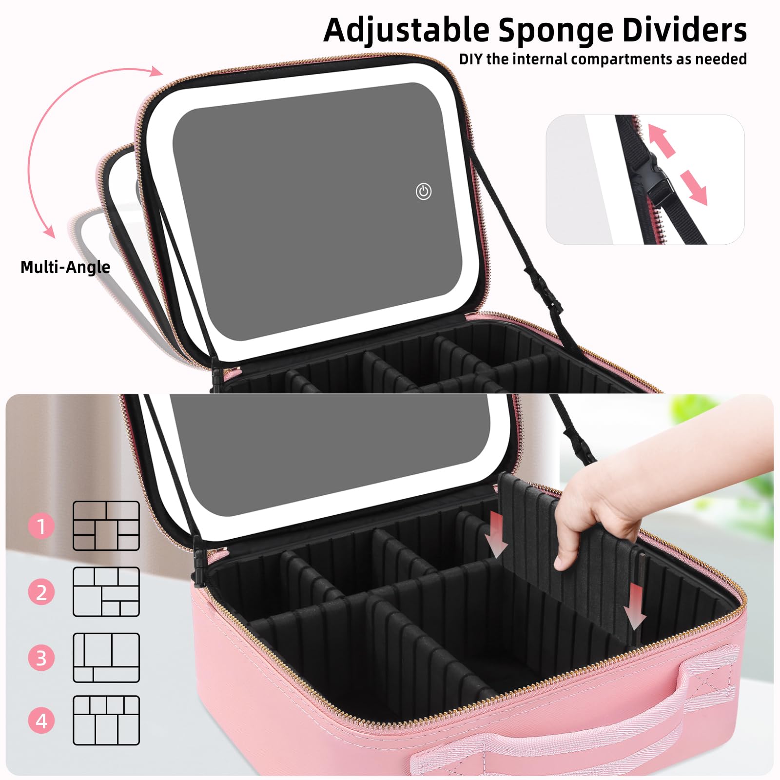 Travel Makeup Bag with LED Mirror,Travel Makeup Organizer,Makeup Case with Lighted 3 Color Setting,Waterproof Makeup Box with 10X Magnifying Mirror,Adjustable Dividers,Pink - Image 3