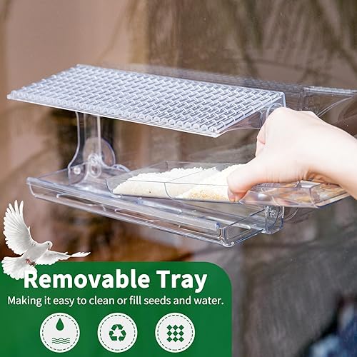 Miniatura 6 de Comedero para pájaros de ventana grande con semillas extraíble y bandeja de agua, para aves silvestres con ganchos adhesivos súper fuertes + ventosa