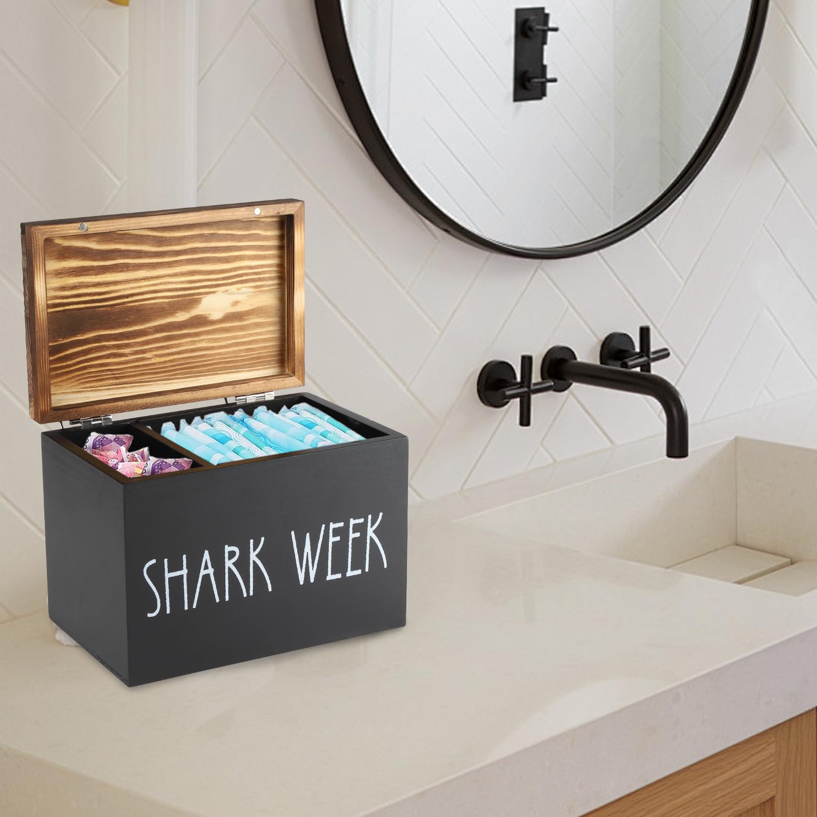 Porta Cotton Fioc per Bagno con Coperchio, Scatola Organizzatrice 2 Scomparti in Legno Rustico - Contenitore per Igiene Femminile, Tamponi, Assorbenti, Cosmetici, Accessori Bagno
