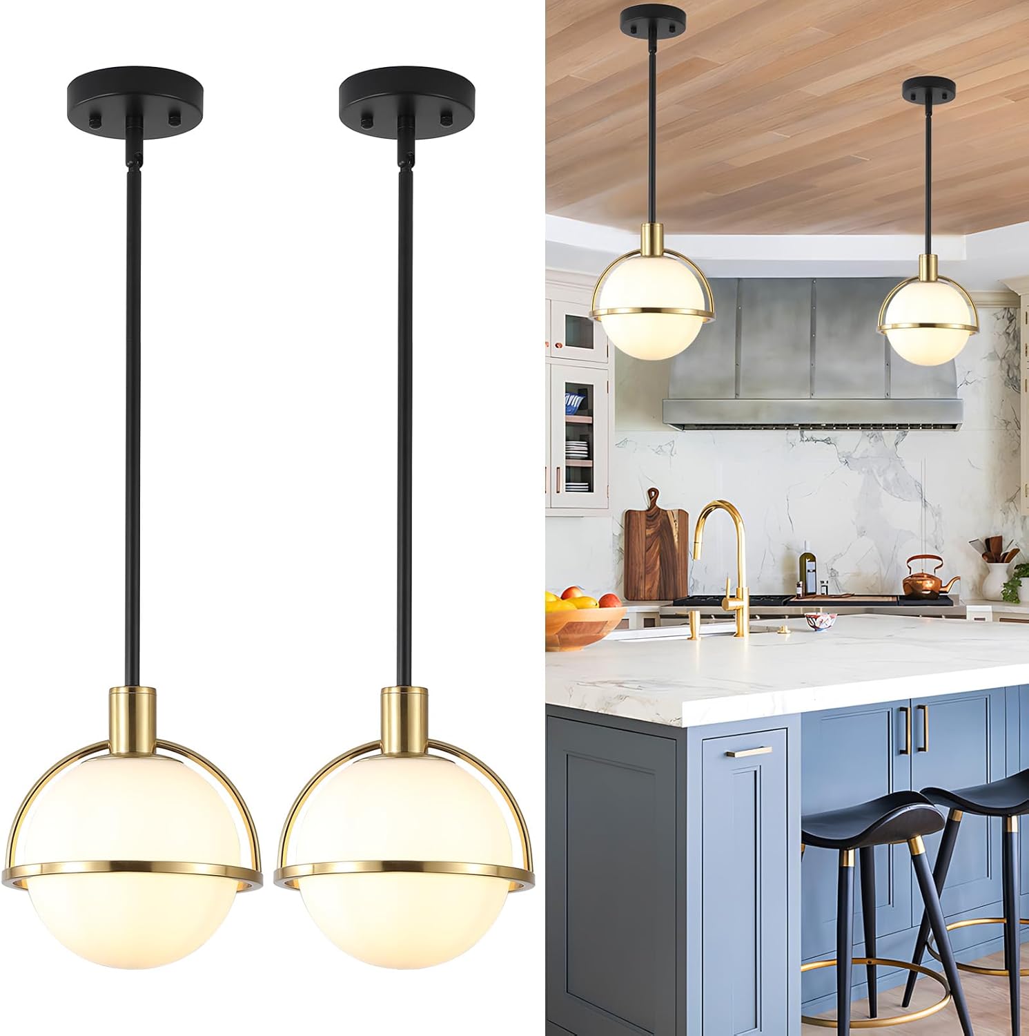 2 Pack Modern Mid Century Globe Pendant Lights,Brass Gold and Black Kitchen Island Pendant Lighting with Milk White Glass Shade,Hanging Pendant Light Fixtures for Living Room Bedroom