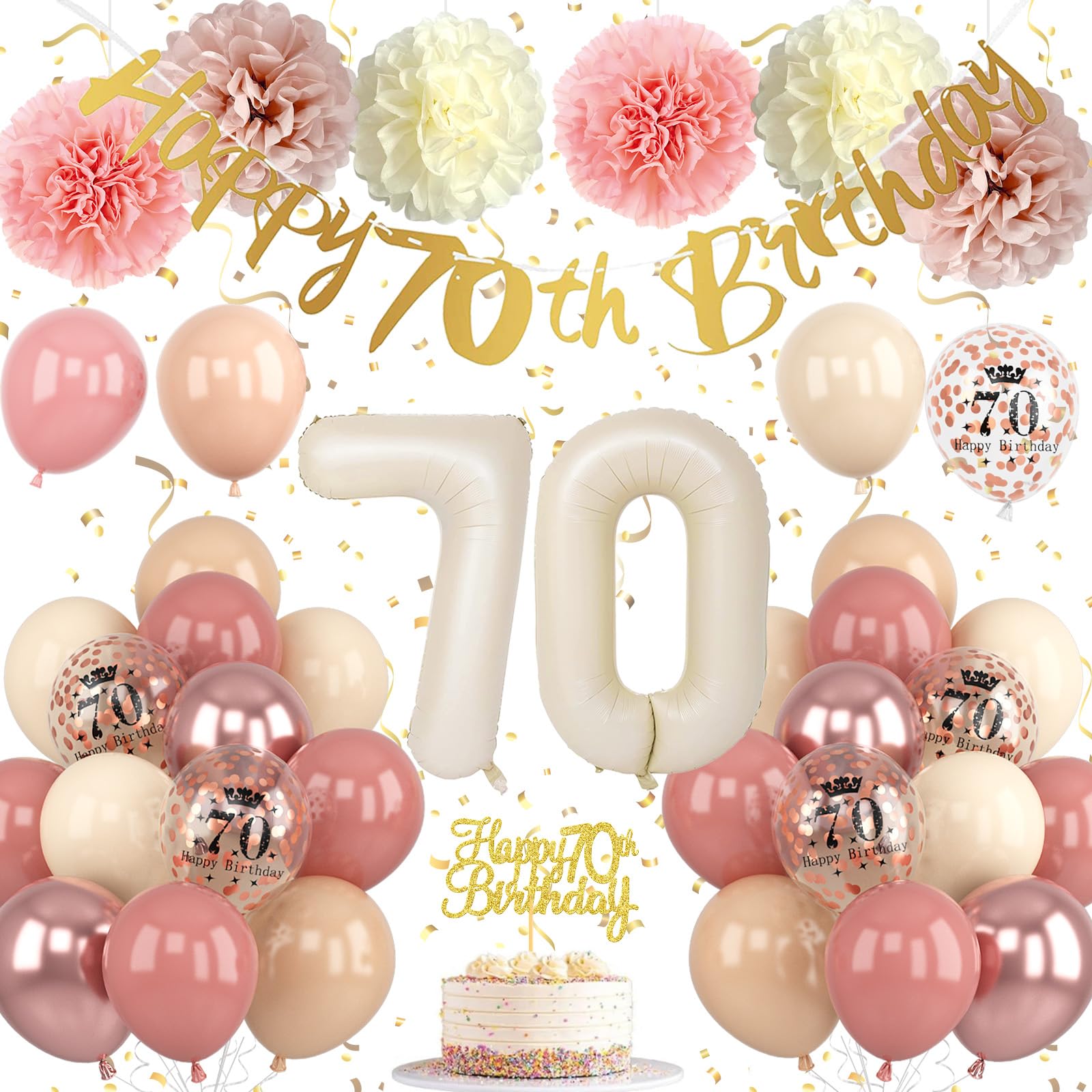 Froova 70th Birthday Decorations for Women Dusty Blush Pink Birthday Balloons Happy 70th Banner Cake Toppers Pom Poms Retro Rose Gold Number 70