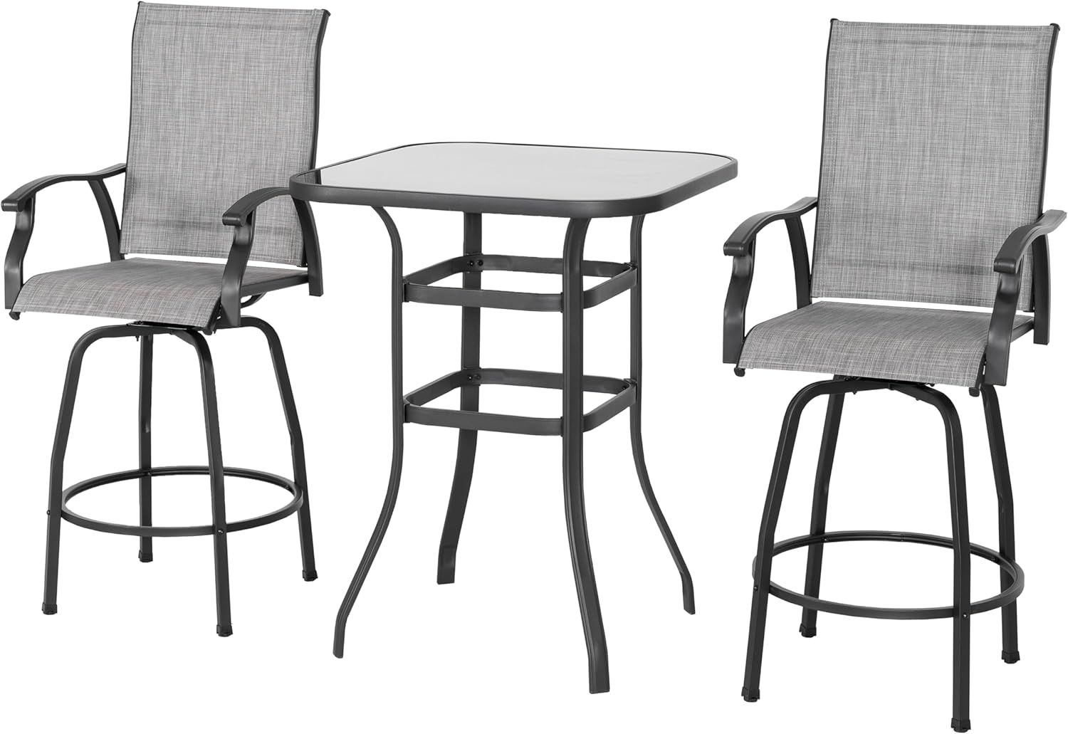 NUU GARDEN 3 Piece Outdoor Bar Set, Textilene Swivel High Backrest Bar Stools and Tempered Glass Square Bar Table, Patio Bar Furniture for Backyard, Garden, and Patio, Gray and Black