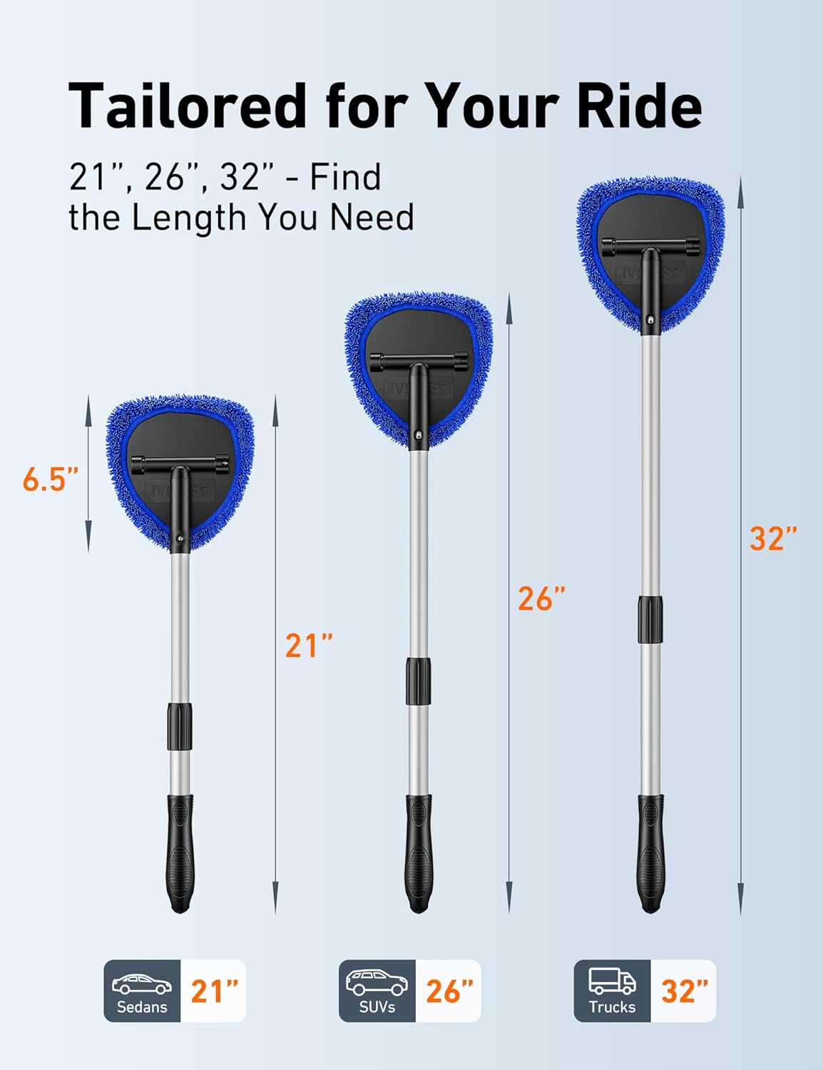 AstroAI Windshield Cleaner Tool, Car Interior Detailing Cleaning Kit with Extendable Handle and 4 Upgraded High-Density Reusable Microfiber Pads, Auto Glass Wiper Brush Kit for Cars, Blue, 15.9in-21in