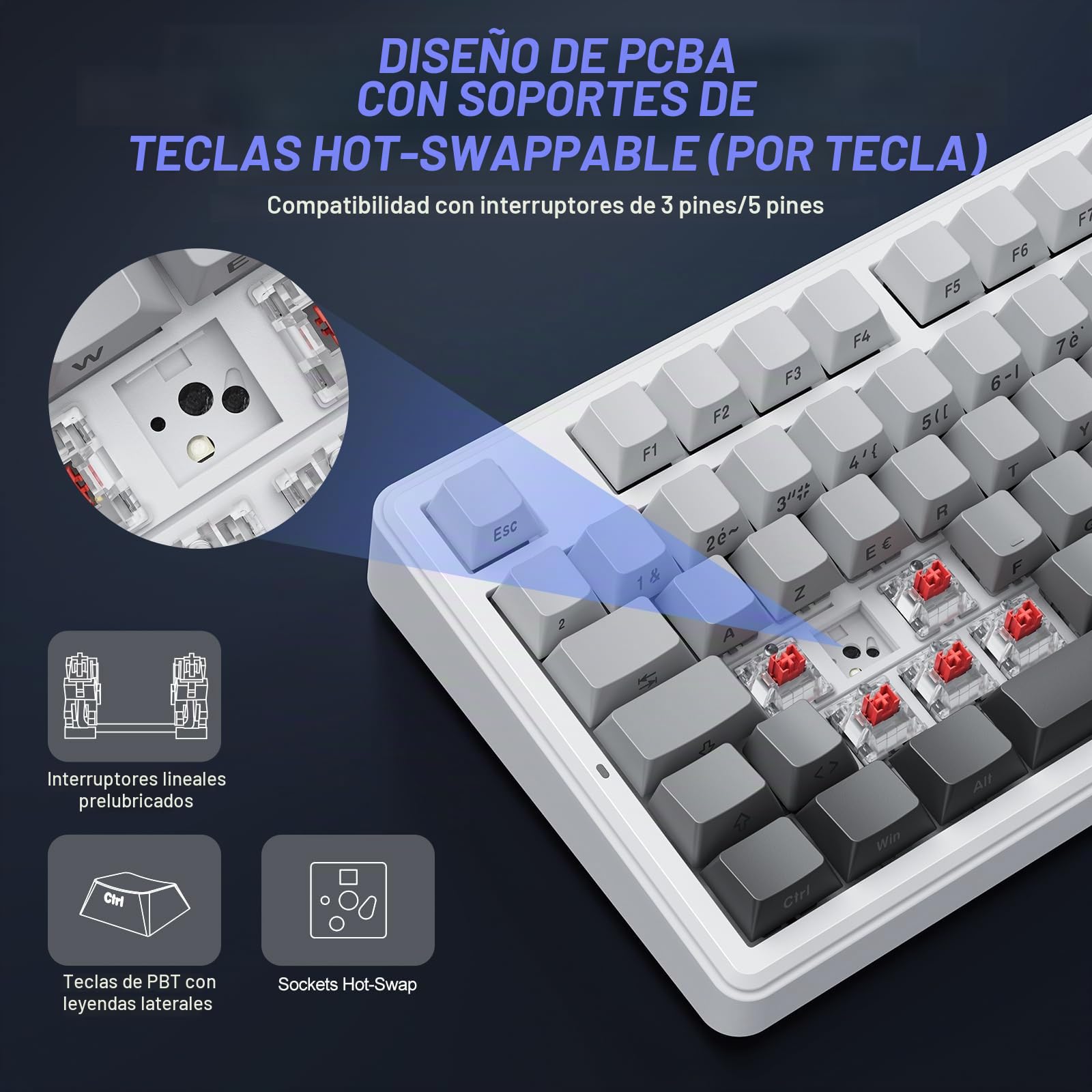 TECURS Teclado mecánico para juegos: 75% ISO-FR inalámbrico de intercambio en caliente, montaje en cesta, RGB, MK209 teclado para juegos AZERTY con knob, teclado tri-modo TKL, teclas PBT, sonido