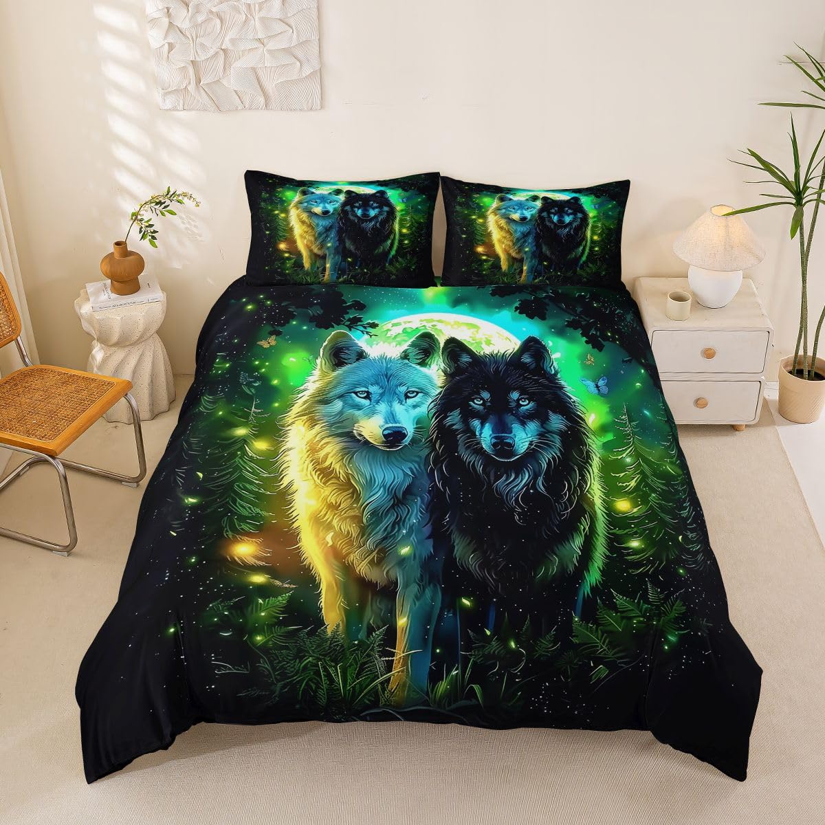 Housse de couette loup parure de lit 200x200 animaux vert noir